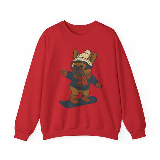 Snowboarding Frenchie Sweatshirt – Cute French Bulldog Winter Sweater, Snowboard Dog Pullover, Cozy Holiday Ski Dog Crewneck, Frenchie Lover Gift