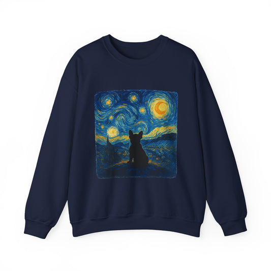 Starry Night Frenchie Sweatshirt – Van Gogh Inspired French Bulldog Art Crewneck, Cozy Dog Lover Gift, Retro Frenchie Sweater