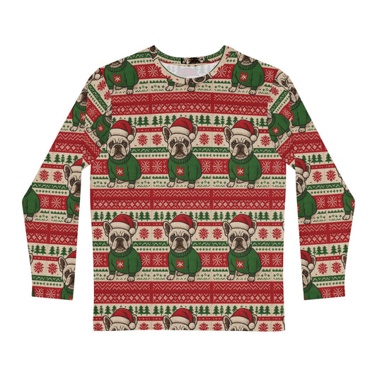 Frenchie Christmas All-Over Print Shirt – Funny Ugly Sweater Style Long Sleeve, Holiday French Bulldog Shirt, Festive Dog Lover Gift