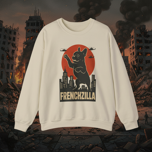 French Bulldogzilla Sweatshirt | Godzilla Inspired French Bulldog Graphic Tee | Retro Japanese Movie Style Dog Lover Shirt | Funny Frenchie Gift
