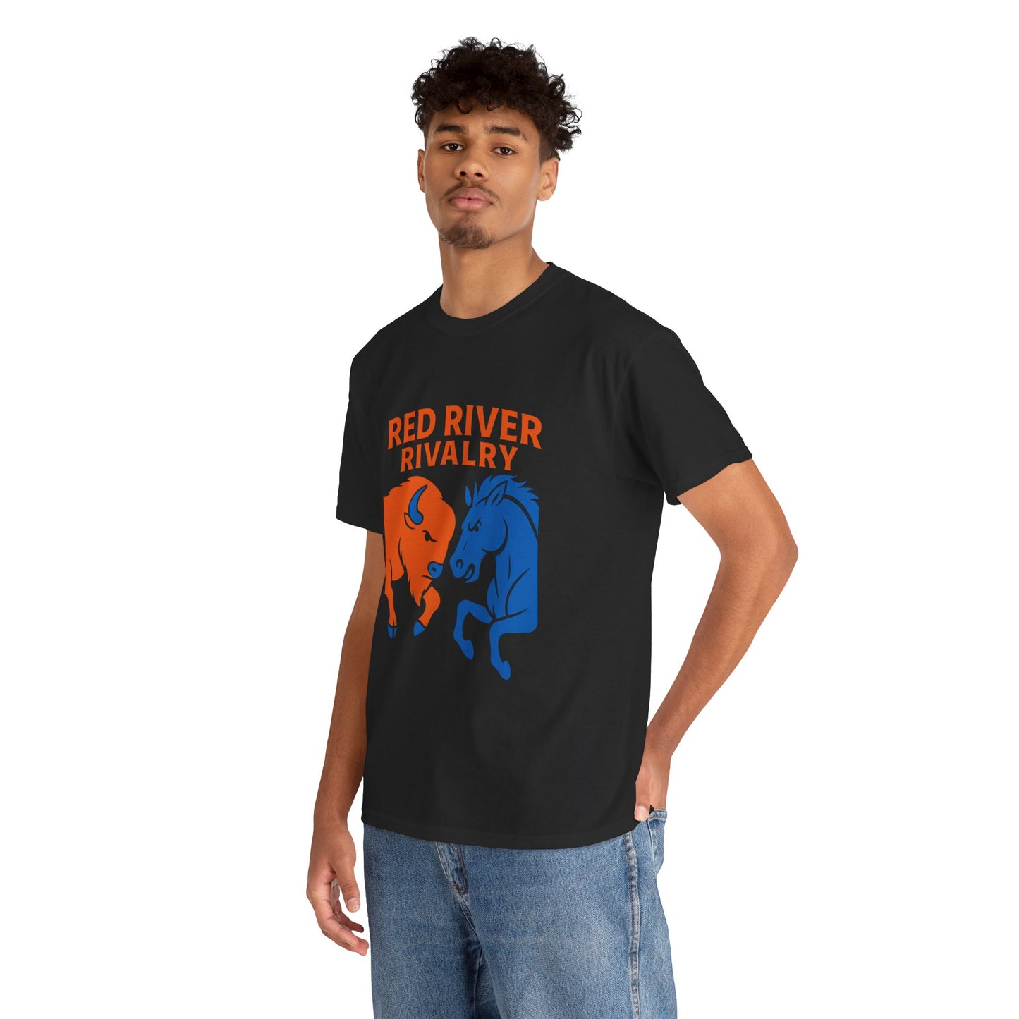 Red River Rivalry T-Shirt – Oklahoma vs Texas-Inspired Tee, Bison and Mustang Game Day Shirt, Blue and Orange Sports Rivalry Graphic