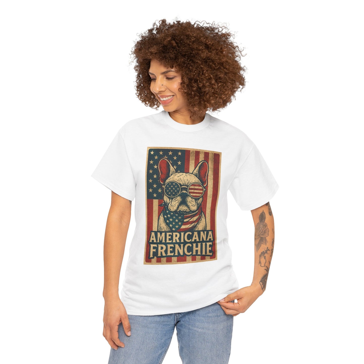 Americana Frenchie T-Shirt – Patriotic French Bulldog Tee, USA Flag Dog Shirt, 4th of July Frenchie Gift, Vintage Retro Style