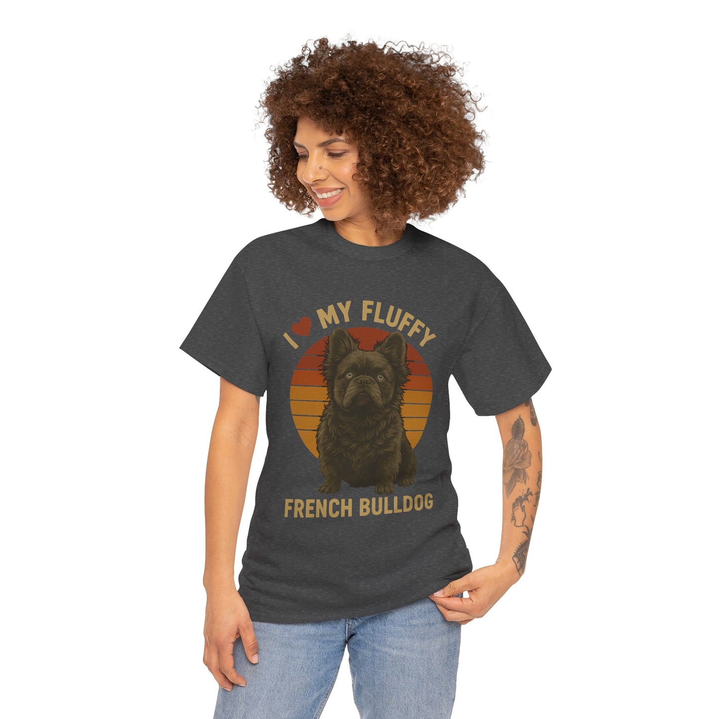 I Love My Fluffy French Bulldog Shirt – Cute Fluffy Frenchie Mom Tee – Retro Sunset Dog Lover Gift – Fluffy Frenchie Owner Present – Pet Parent T-Shirt