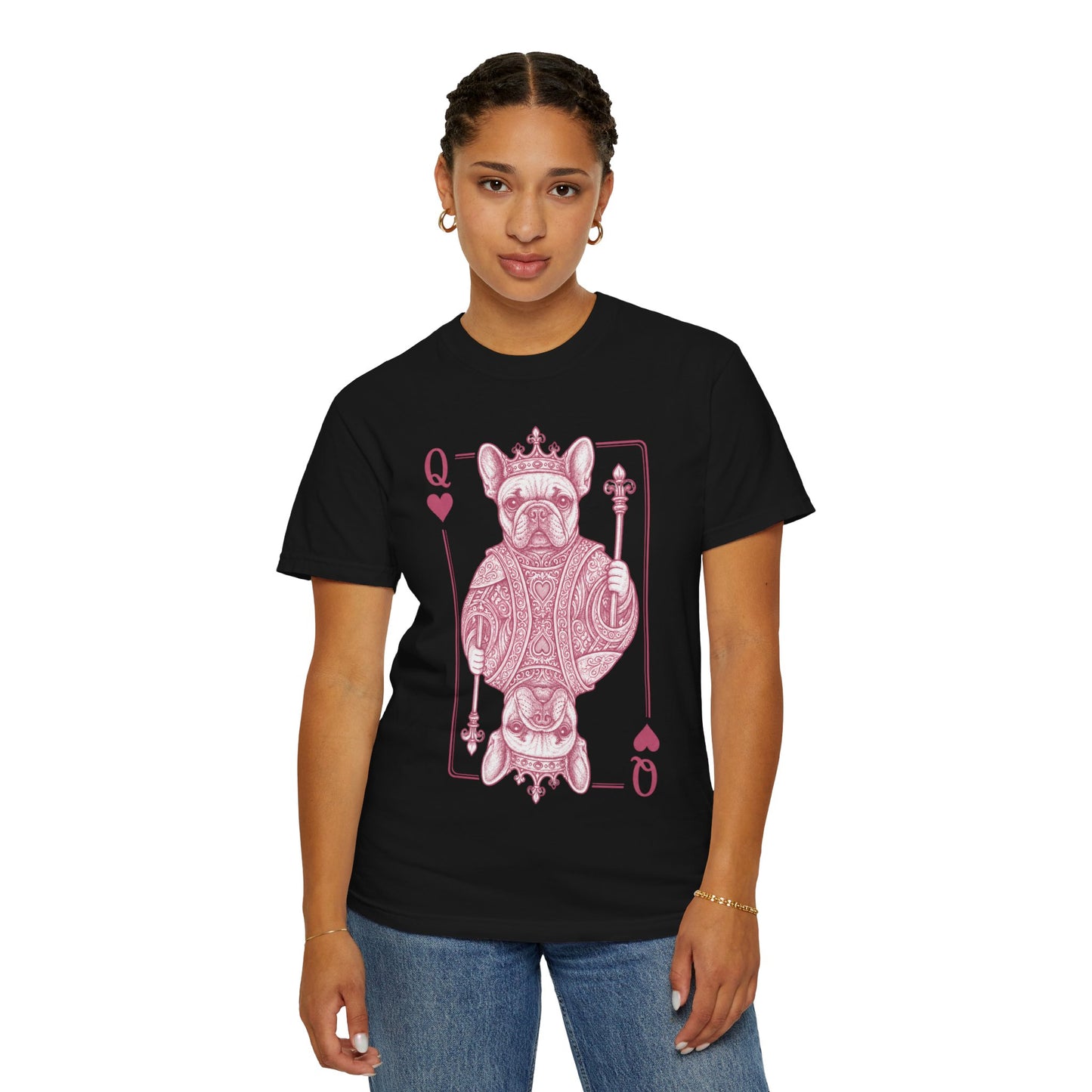 Queen of Hearts French Bulldog Shirt, Frenchie Queen Playing Card Tee, Dog Mom Gift, Cute French Bulldog Graphic Shirt, Royal Frenchie T-Shirt