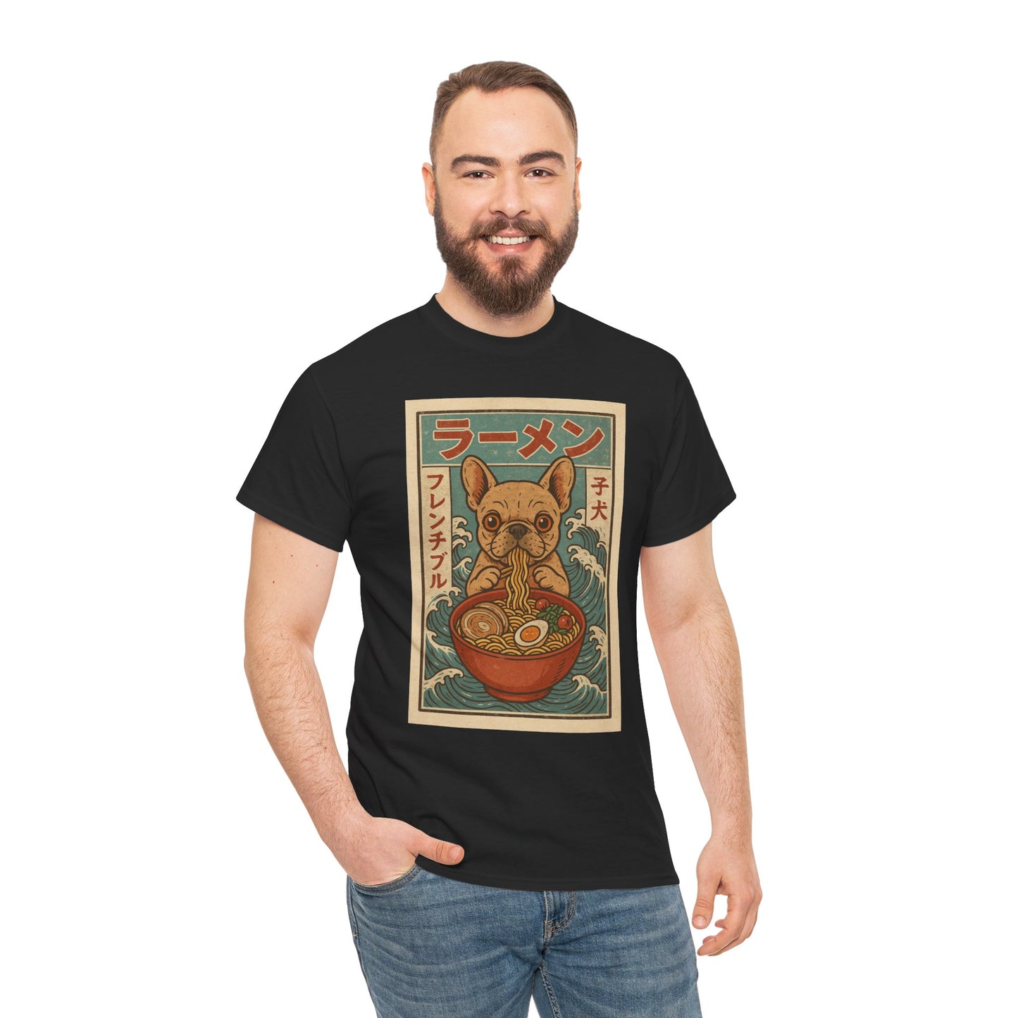 Frenchie Ramen T-Shirt – Vintage Japanese Poster Style French Bulldog Tee, Retro Dog Lover Shirt, Cute Anime-Inspired Gift