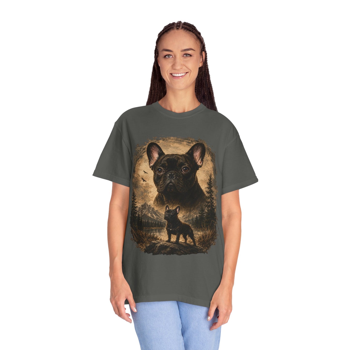 Black French Bulldog Shirt, Vintage Frenchie Nature Tee, Rustic French Bulldog Shirt, Dog Lover Gift, Frenchie Mountain Landscape Tee, Outdoors Dog Shirt, French Bulldog Art