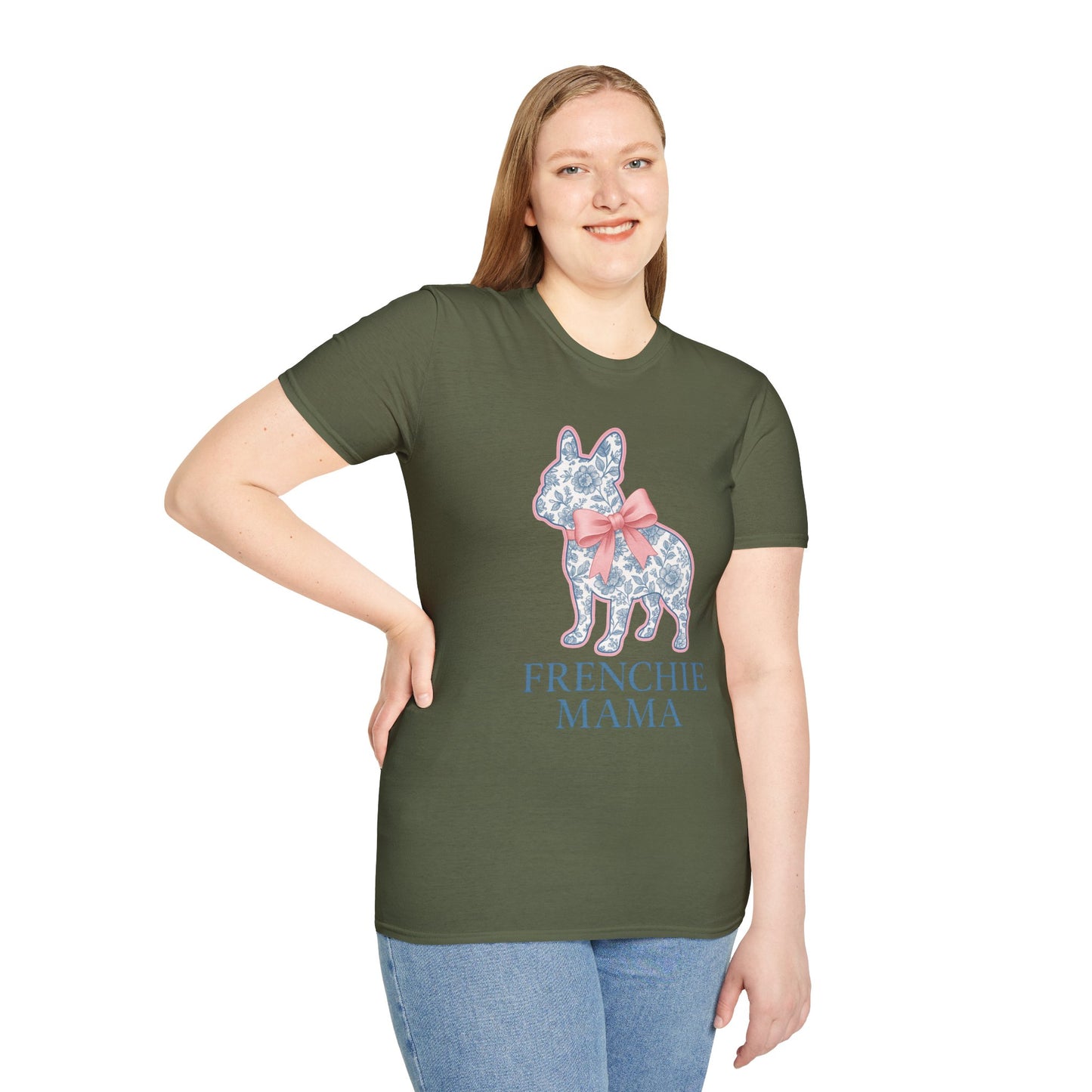 Frenchie Mama Shirt – Floral French Bulldog Silhouette Tee with Pink Bow, Dog Mom Gift, Cute Frenchie Lover T-Shirt, Pastel Dog Mom Apparel