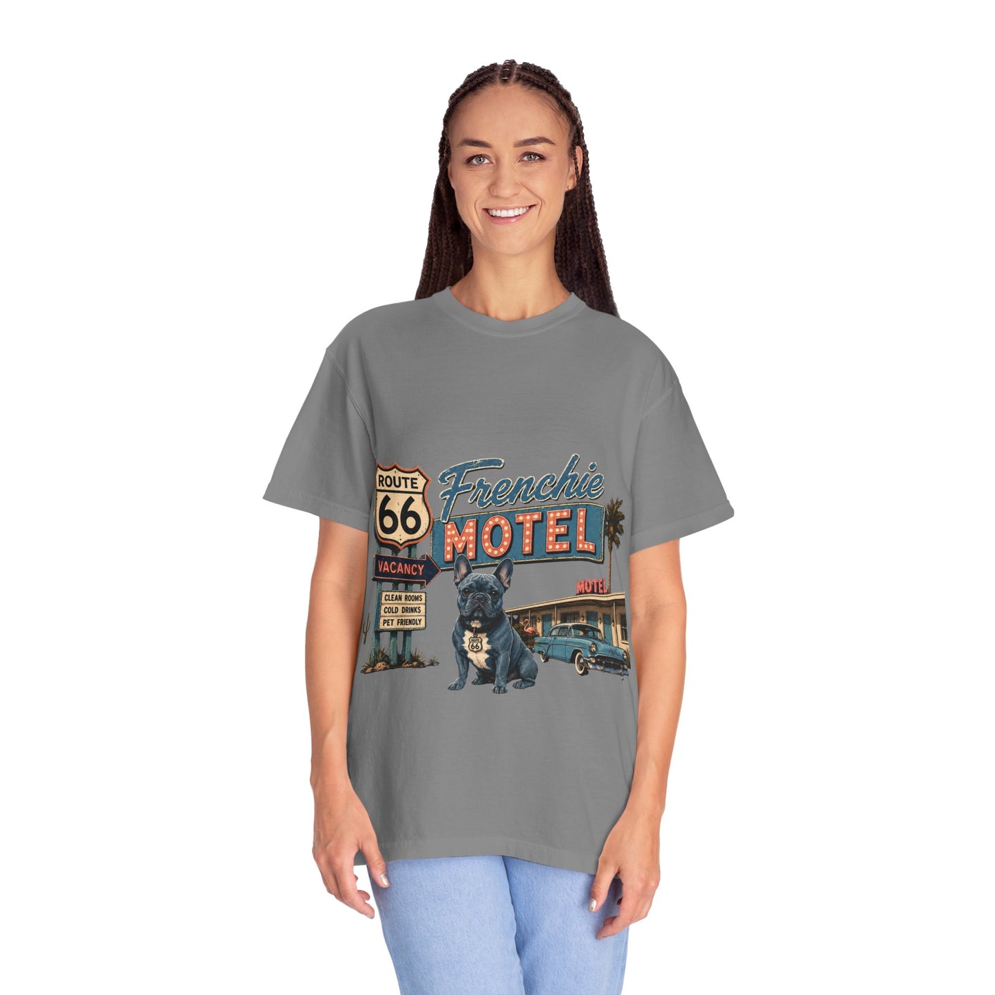 Route 66 Frenchie Motel Shirt, French Bulldog Retro Travel Tee, Vintage Road Trip Shirt, Dog Lover Graphic Tee, Route 66 Dog Shirt, Frenchie Motel T-Shirt, Retro Americana Gift