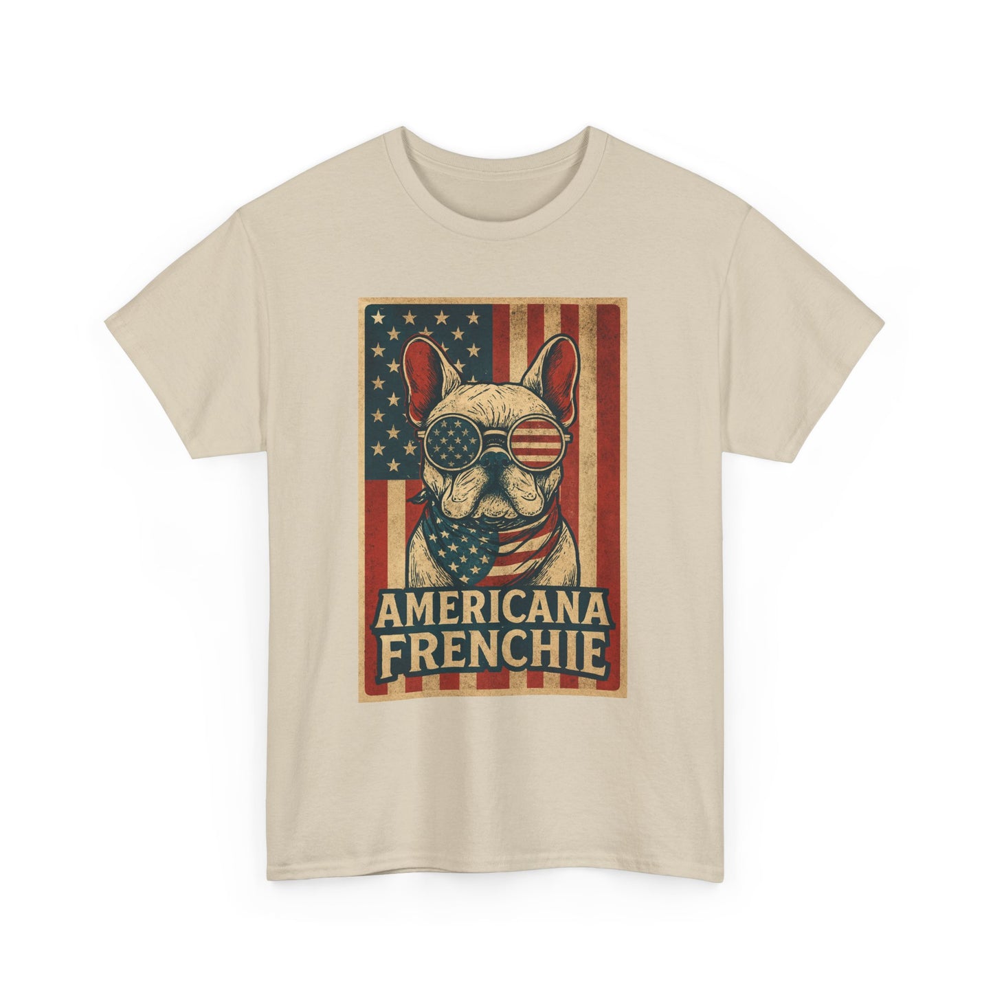 Americana Frenchie T-Shirt – Patriotic French Bulldog Tee, USA Flag Dog Shirt, 4th of July Frenchie Gift, Vintage Retro Style