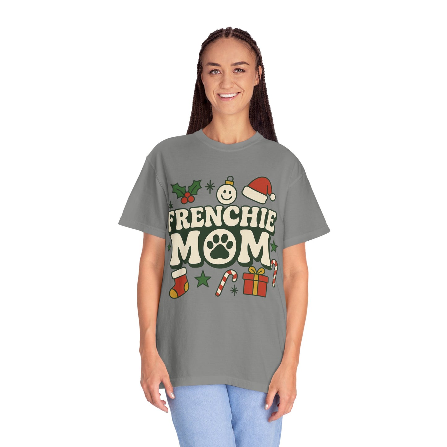 Merry Frenchie Mom T-Shirt | Christmas Dog Mom Tee | Festive French Bulldog Top | Cute Holiday Dog Lover Gift Shirt
