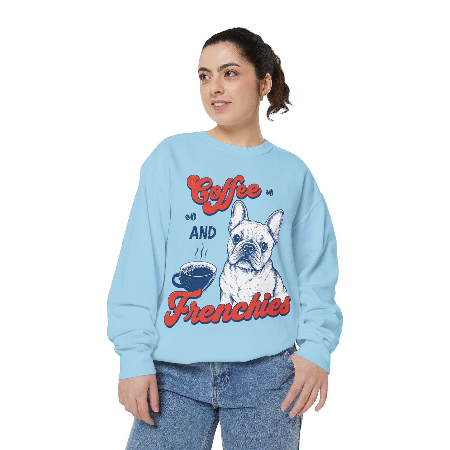 Coffee and Frenchies Sweatshirt, French Bulldog Coffee Crewneck, Frenchie Lover Pullover, Dog Mom Sweatshirt, Coffee Lover Gift, Cozy French Bulldog Sweatshirt