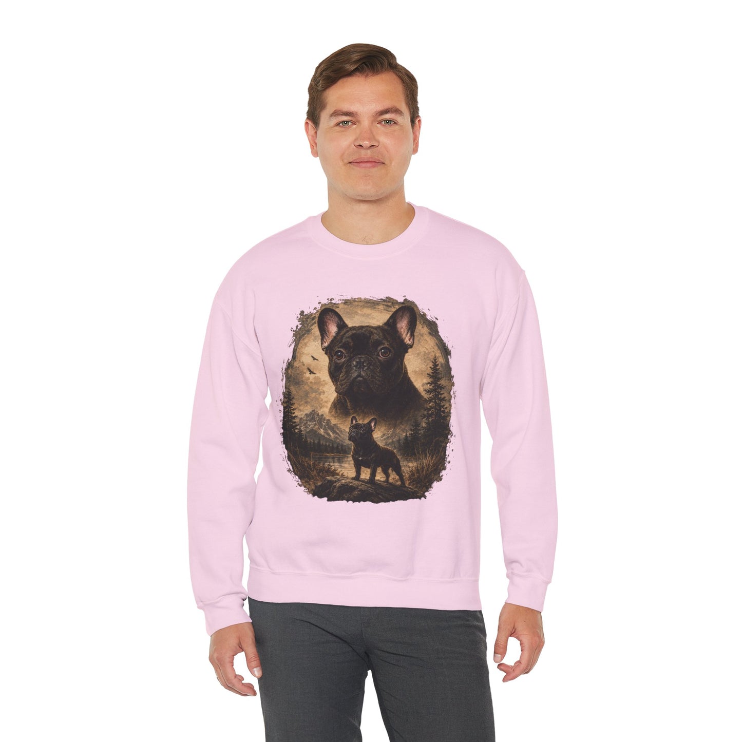 Black French Bulldog Sweatshirt, Rustic Frenchie Crewneck, Vintage Nature French Bulldog Sweatshirt, Dog Lover Gift, Black Frenchie Pullover, Camping Sweatshirt, Cozy Dog Apparel