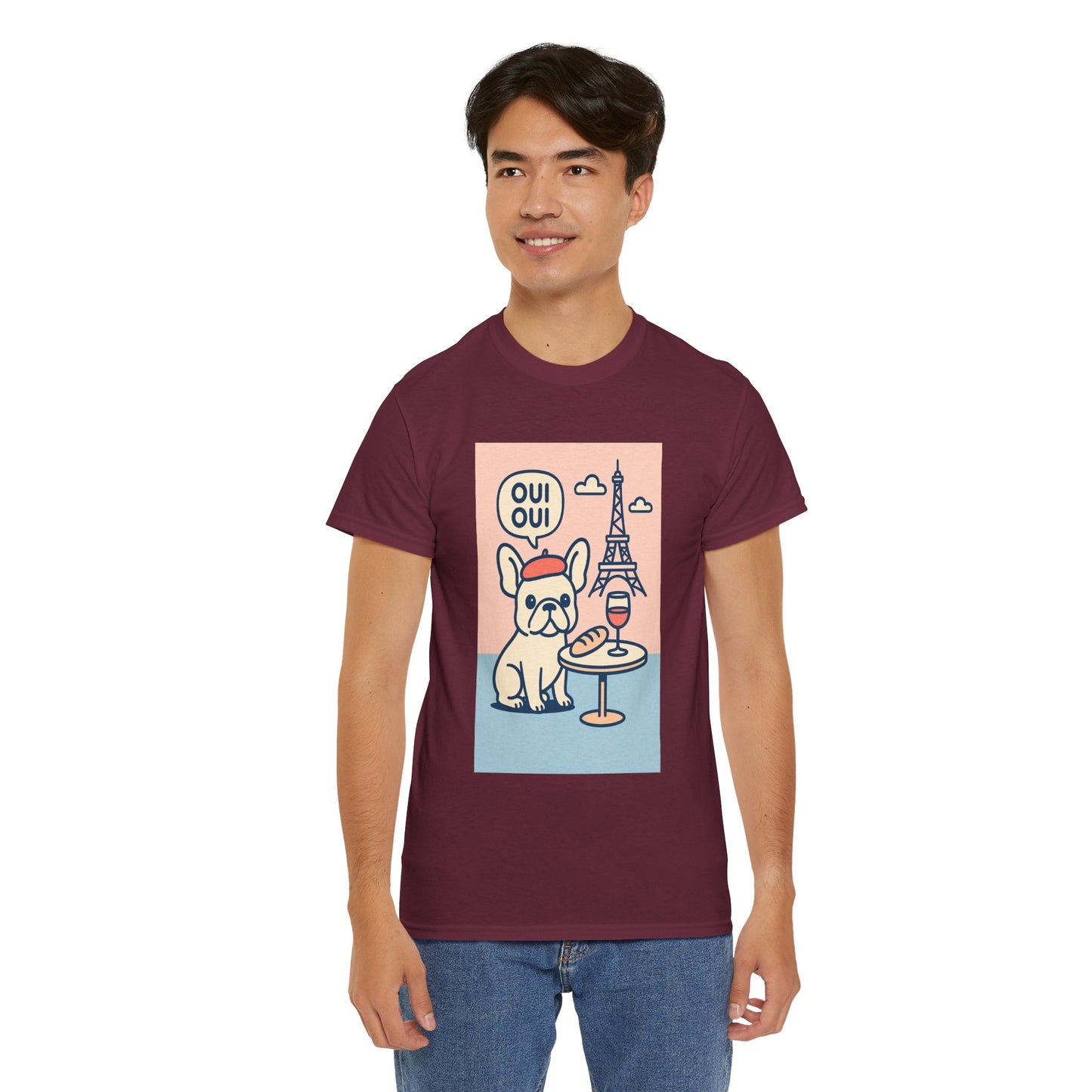 Oui Oui Frenchie Paris T-Shirt – Cute French Bulldog Café Tee, Paris Dog Lover Shirt, Beret & Baguette Graphic, French Bulldog Gift for Women & Men