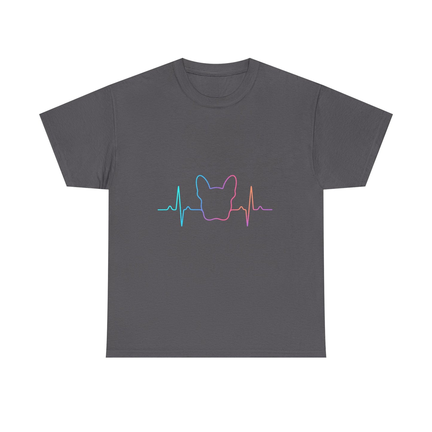 Rainbow Frenchie Heartbeat T-Shirt – Minimalist French Bulldog Line Art Tee, Neon Dog Lover Gift, Pet Mom or Dad Shirt