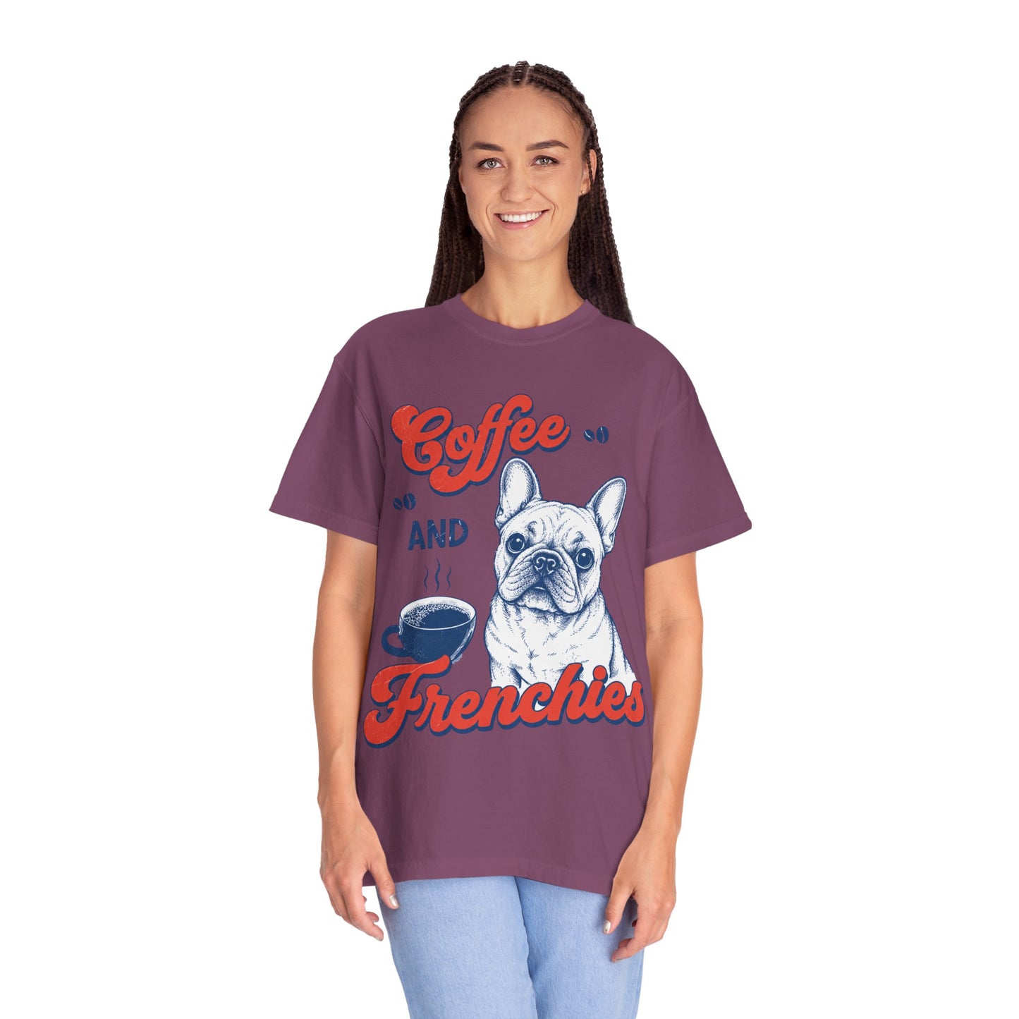 Coffee and Frenchies Shirt, French Bulldog Coffee Tee, Frenchie Lover T-Shirt, Dog Mom Coffee Shirt, Cute French Bulldog Graphic Tee, Coffee Lover Gift