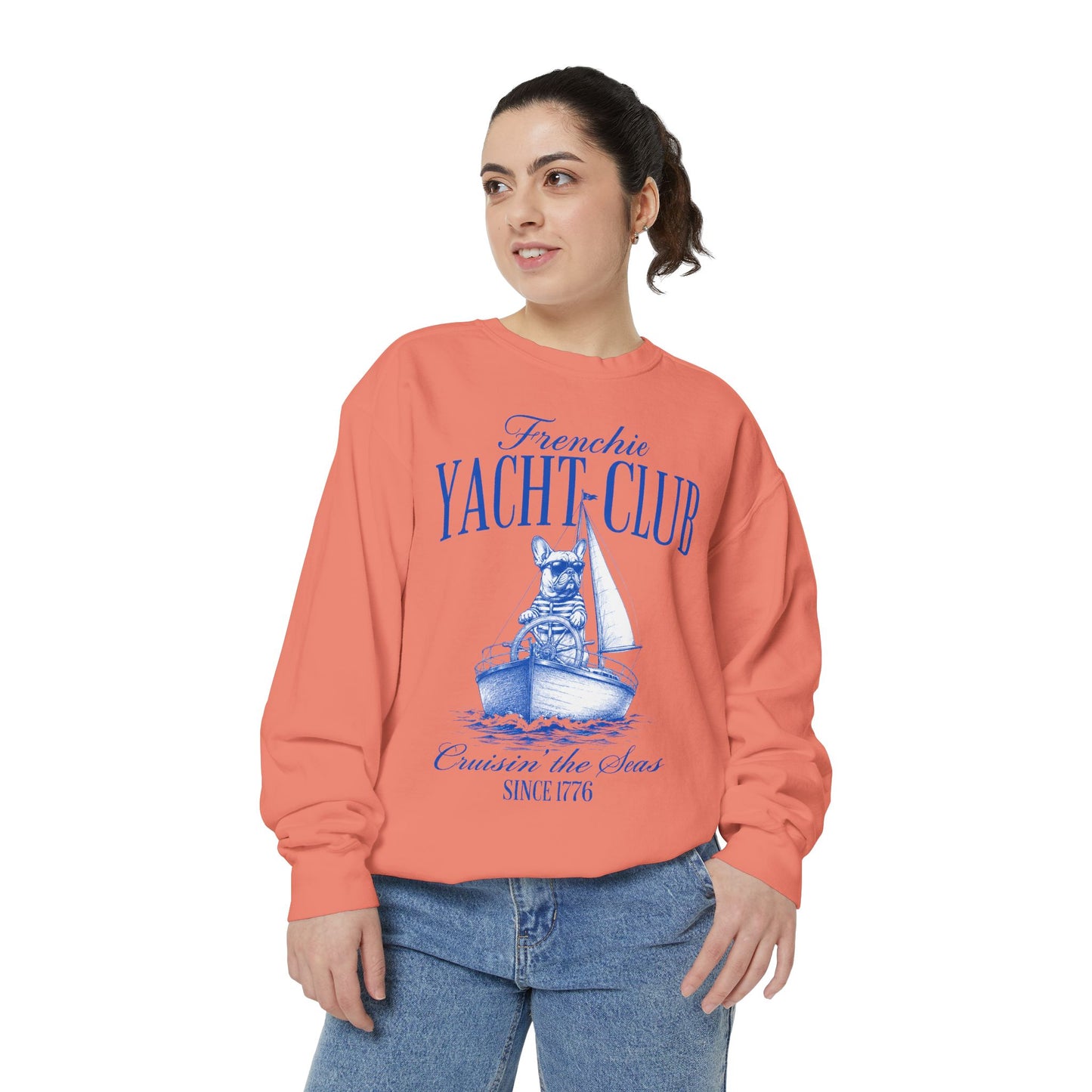 Frenchie Yacht Club Sweatshirt, French Bulldog Nautical Crewneck, Coastal Dog Lover Sweatshirt, Sailing Frenchie Pullover, Beach Club French Bulldog Gift, Preppy Yacht Club Sweatshirt