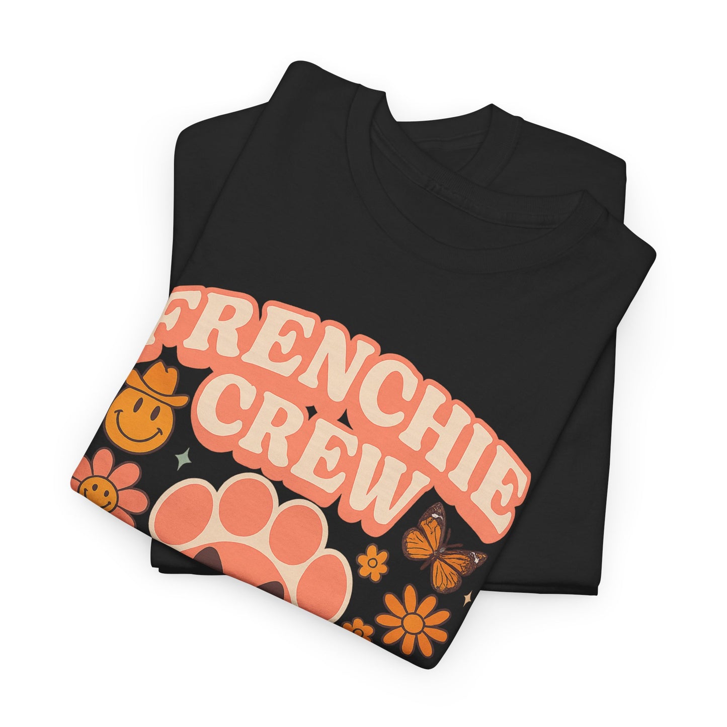 Frenchie Crew T-Shirt | Retro 70s Floral French Bulldog Tee | Groovy Dog Mom Shirt | Frenchie Lover Gift | Vintage Aesthetic Graphic Tee