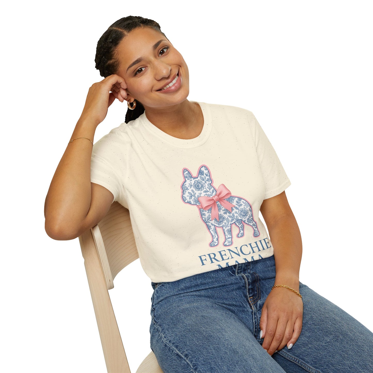 Frenchie Mama Shirt – Floral French Bulldog Silhouette Tee with Pink Bow, Dog Mom Gift, Cute Frenchie Lover T-Shirt, Pastel Dog Mom Apparel