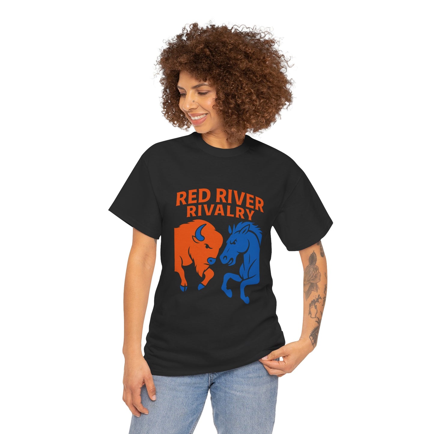Red River Rivalry T-Shirt – Oklahoma vs Texas-Inspired Tee, Bison and Mustang Game Day Shirt, Blue and Orange Sports Rivalry Graphic