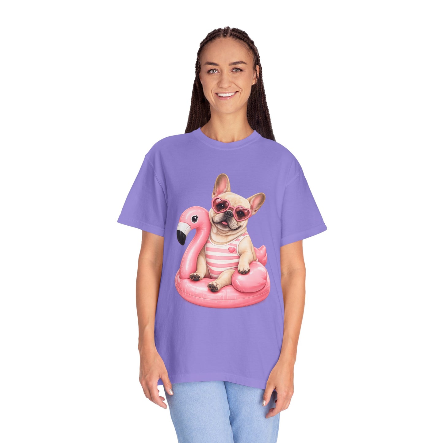 French Bulldog on Pink Flamingo Float T-Shirt — Cute Summer Dog Tee