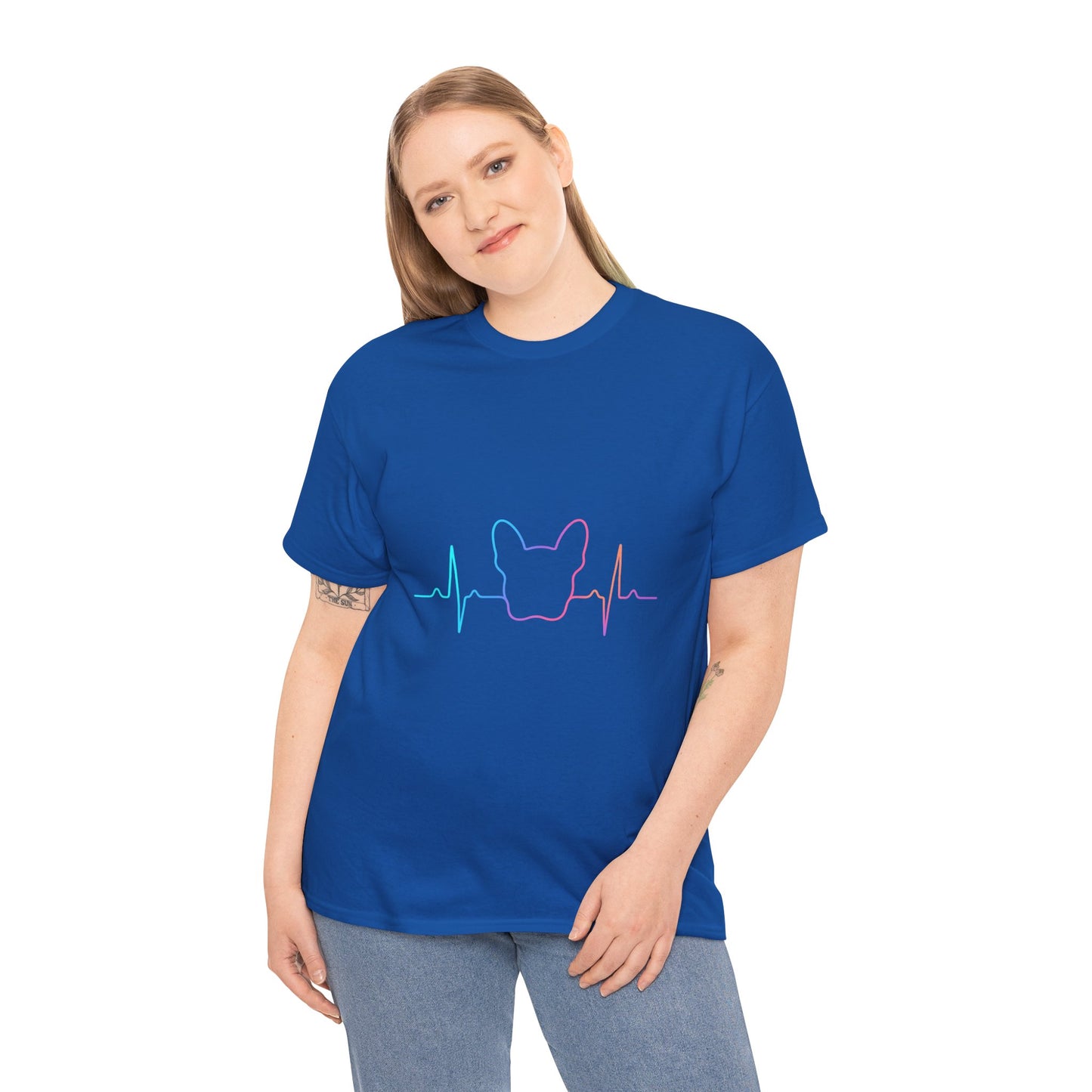 Rainbow Frenchie Heartbeat T-Shirt – Minimalist French Bulldog Line Art Tee, Neon Dog Lover Gift, Pet Mom or Dad Shirt