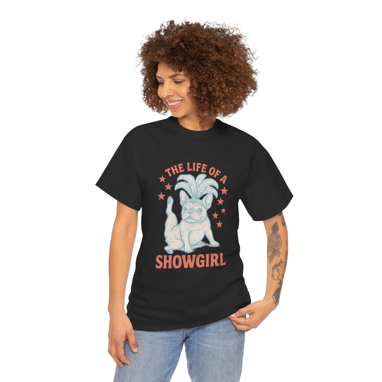 The Life of a Showgirl Frenchie T-Shirt – Retro French Bulldog Tee, Funny Dog Lover Shirt, Vintage Vegas Showgirl Graphic