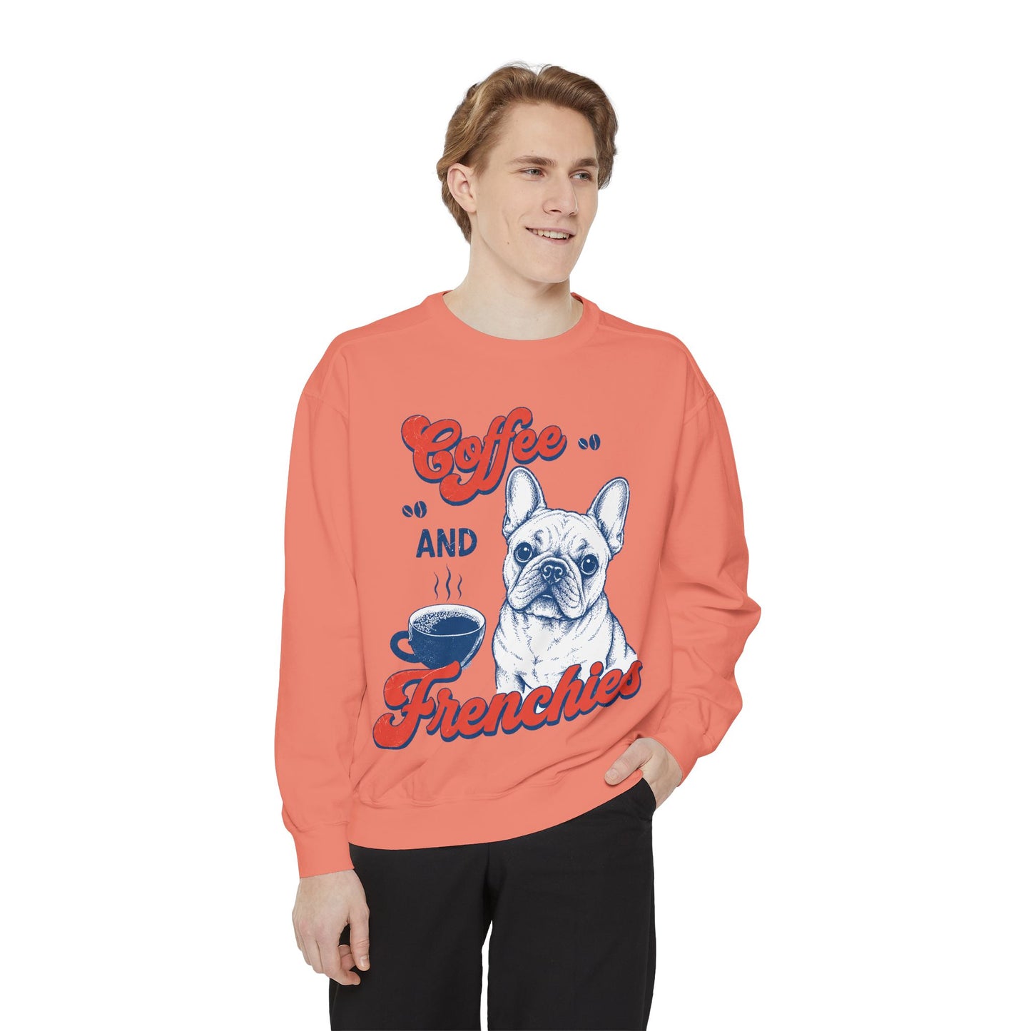 Coffee and Frenchies Sweatshirt, French Bulldog Coffee Crewneck, Frenchie Lover Pullover, Dog Mom Sweatshirt, Coffee Lover Gift, Cozy French Bulldog Sweatshirt