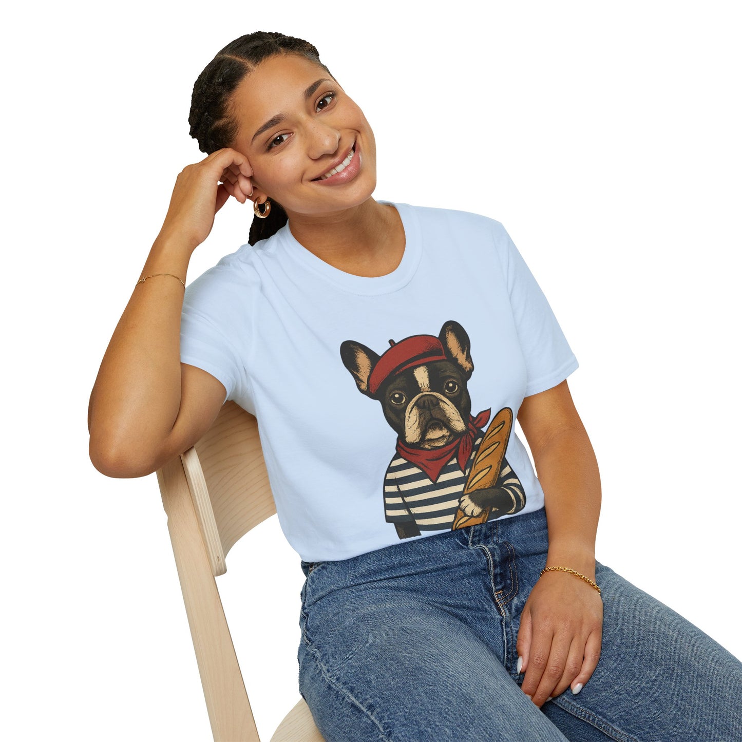 French Bulldog Parisian T-Shirt – Cute Frenchie in Beret & Stripes with Baguette – Funny Dog Lover Tee, French Style Dog Shirt, Gift for Frenchie Moms
