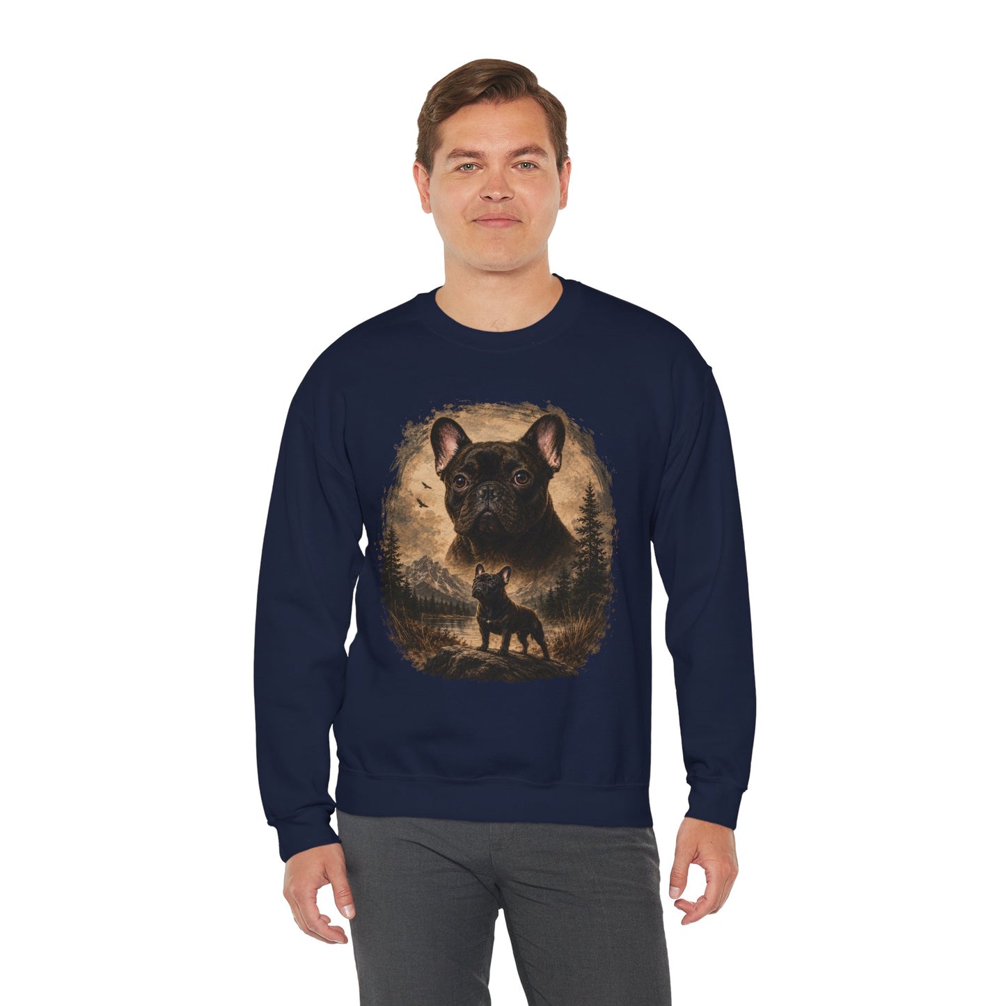 Black French Bulldog Sweatshirt, Rustic Frenchie Crewneck, Vintage Nature French Bulldog Sweatshirt, Dog Lover Gift, Black Frenchie Pullover, Camping Sweatshirt, Cozy Dog Apparel