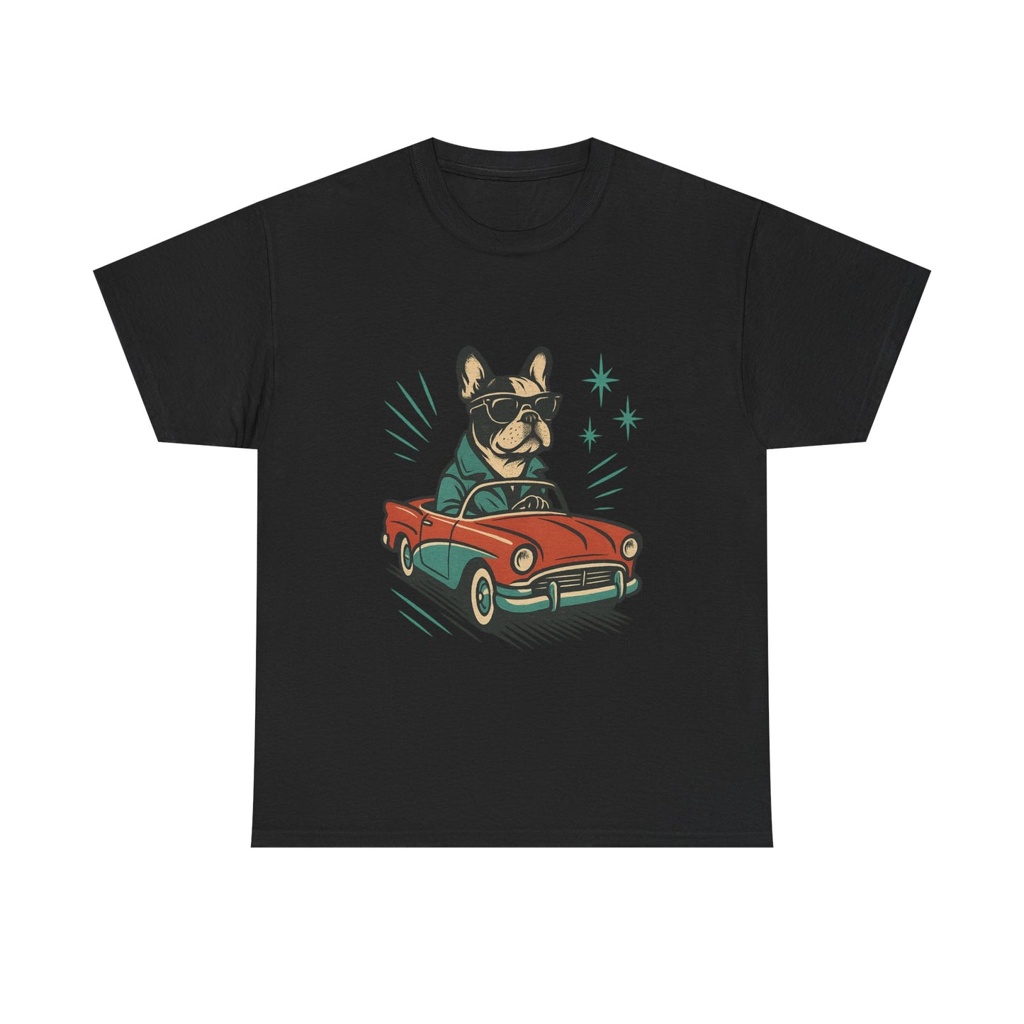 Rockabilly Frenchie T-Shirt | Retro French Bulldog Driving Tee | Vintage Car Dog Lover Shirt | Cool 50s Style Frenchie Graphic Tee