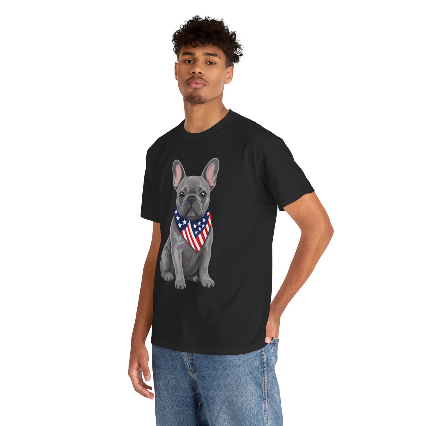 Patriotic French Bulldog Shirt, Blue Frenchie American Flag Bandana Tee, Fourth of July Dog Lover Shirt, USA French Bulldog Gift