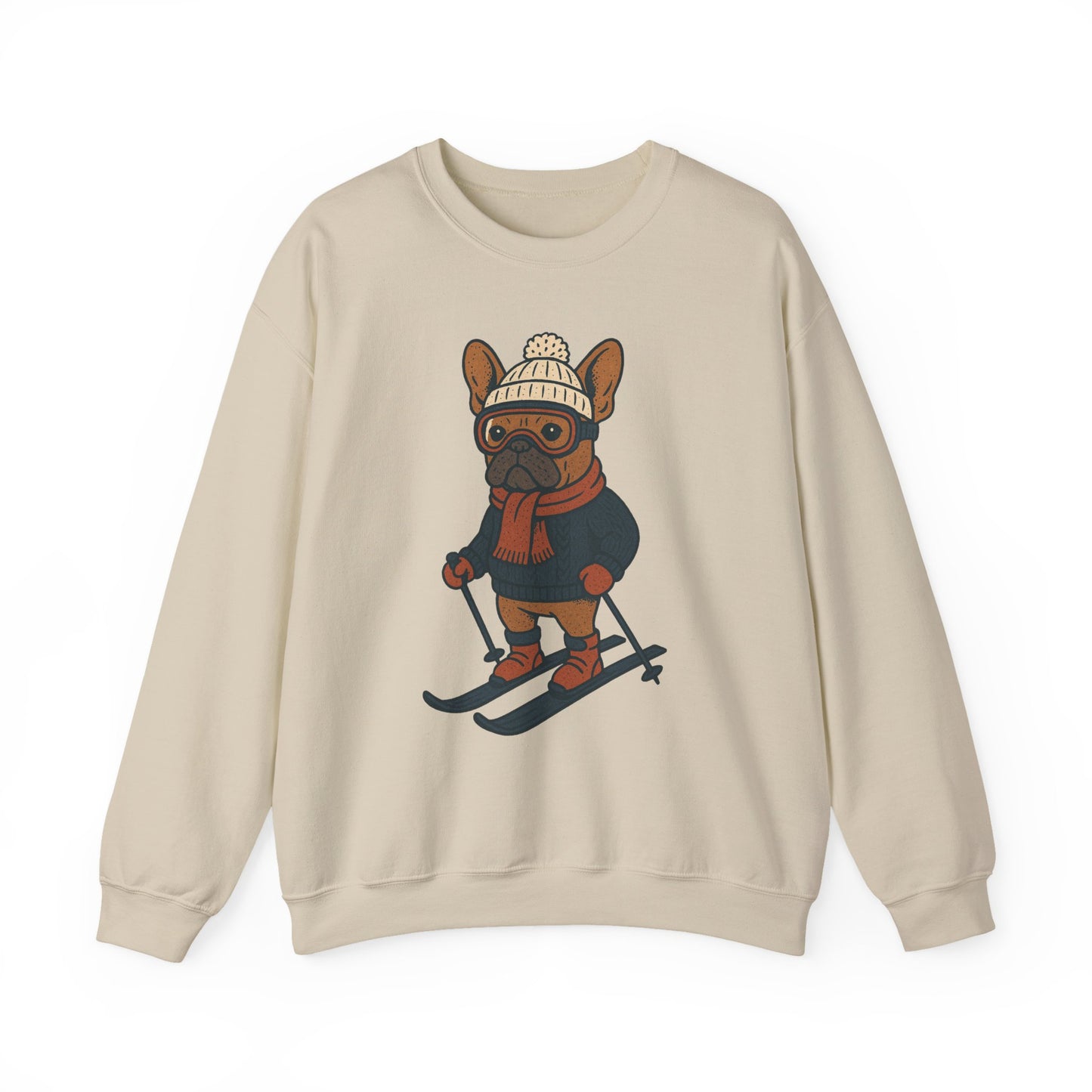 Skiing Frenchie Sweatshirt – Cute Winter French Bulldog Pullover, Cozy Ski Dog Sweater, Funny Dog Lover Gift, Winter Sports Bulldog Crewneck
