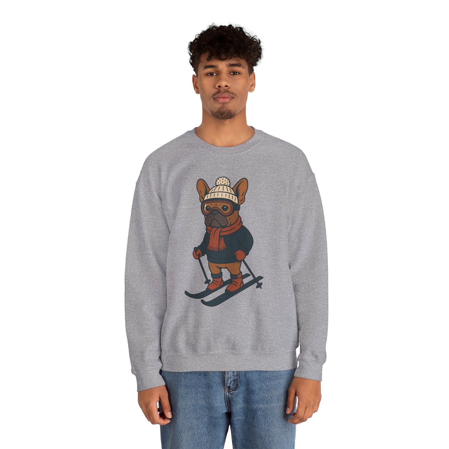 Skiing Frenchie Sweatshirt – Cute Winter French Bulldog Pullover, Cozy Ski Dog Sweater, Funny Dog Lover Gift, Winter Sports Bulldog Crewneck