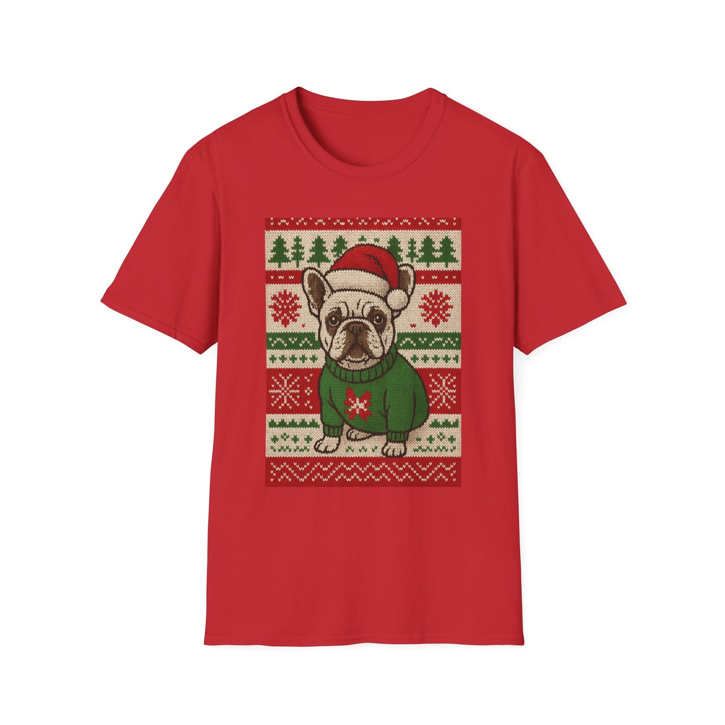 Frenchie Christmas T-Shirt – Cute French Bulldog Ugly Sweater Style Tee, Holiday Dog Lover Shirt, Funny Christmas Frenchie Gift