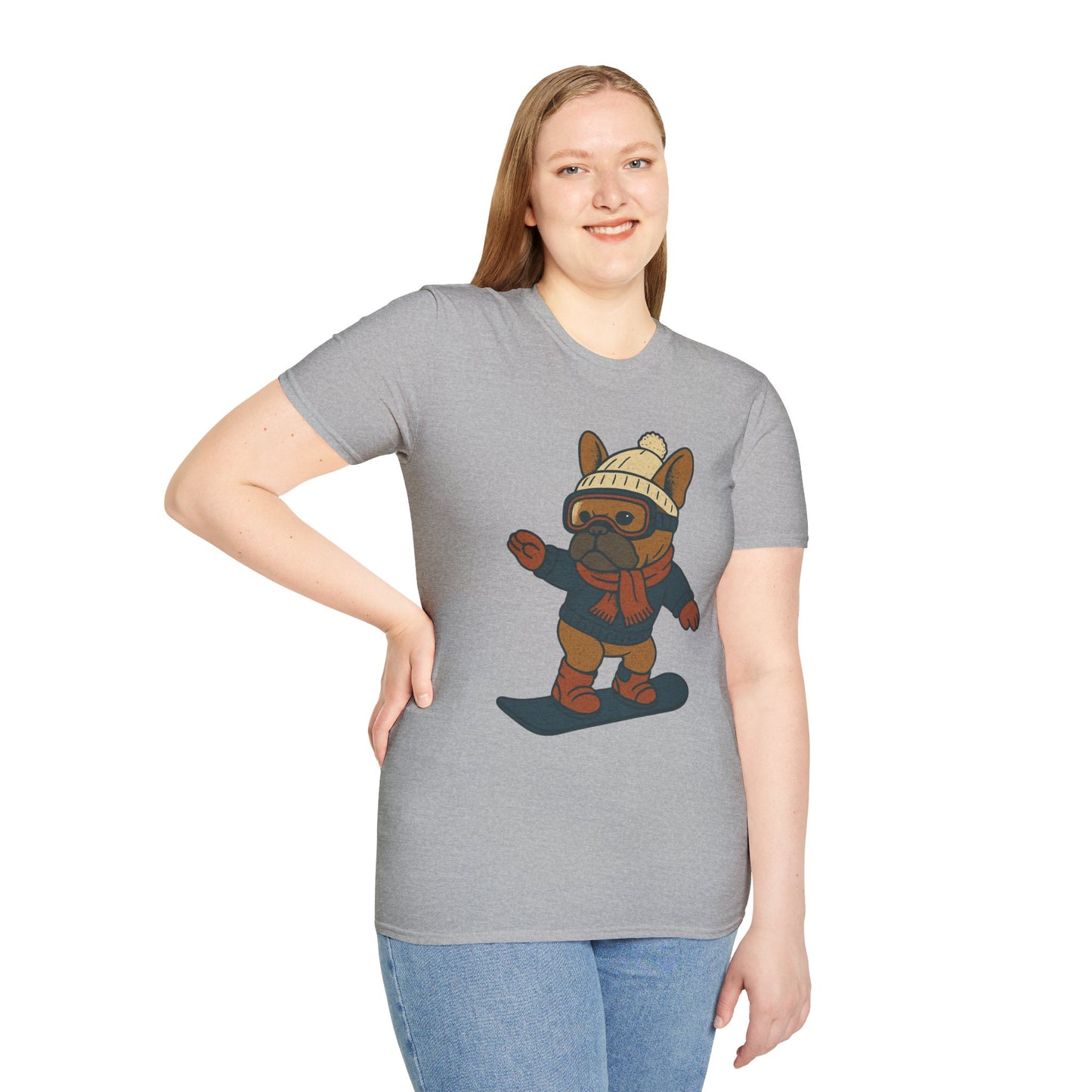 Snowboarding Frenchie T-Shirt | Cute Winter Dog Snowboard Tee | French Bulldog Snowboarder Shirt | Holiday Ski Resort Pup Graphic | Dog Lover Snow Sport Gift