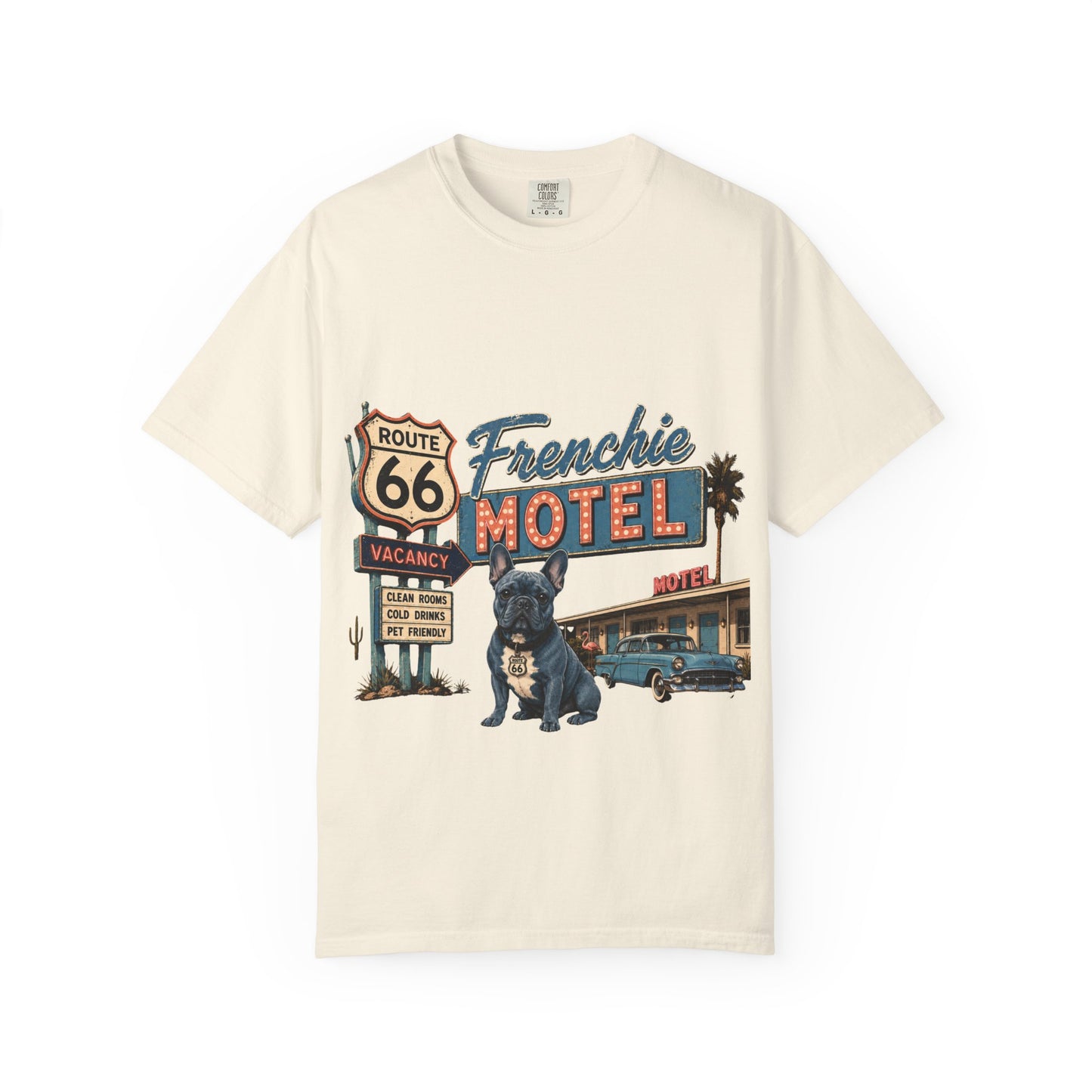 Route 66 Frenchie Motel Shirt, French Bulldog Retro Travel Tee, Vintage Road Trip Shirt, Dog Lover Graphic Tee, Route 66 Dog Shirt, Frenchie Motel T-Shirt, Retro Americana Gift
