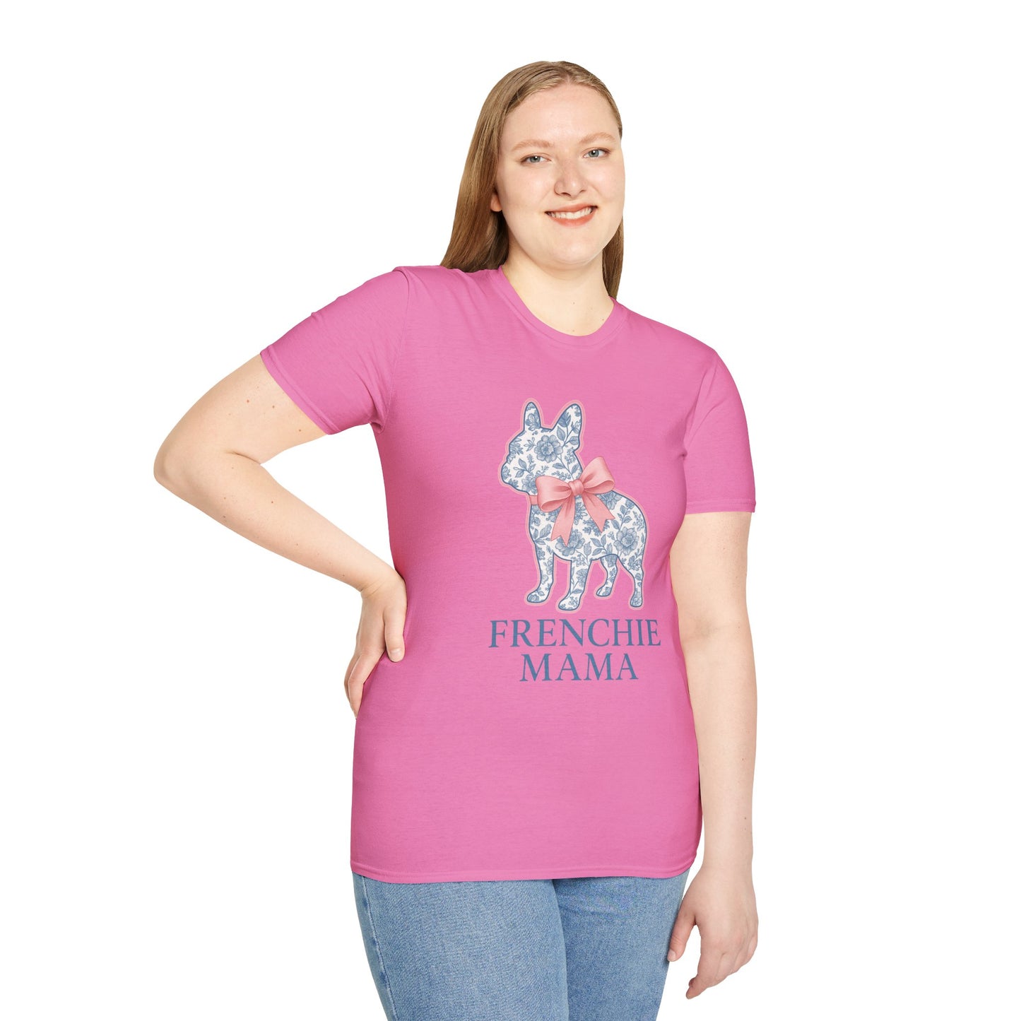 Frenchie Mama Shirt – Floral French Bulldog Silhouette Tee with Pink Bow, Dog Mom Gift, Cute Frenchie Lover T-Shirt, Pastel Dog Mom Apparel