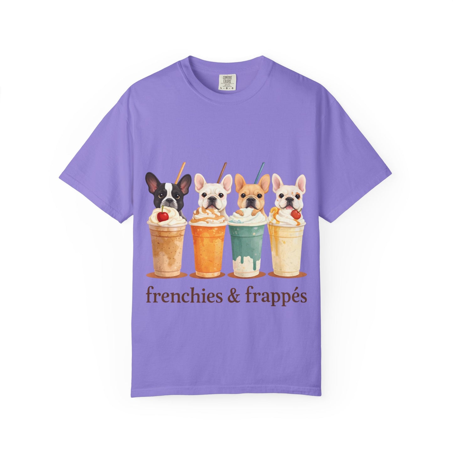 Frenchies & Frappés Shirt, French Bulldog Coffee Shirt, Cute Frenchie Café Tee, Coffee Lover Dog Shirt, Dog Mom Gift, French Bulldog Graphic Tee