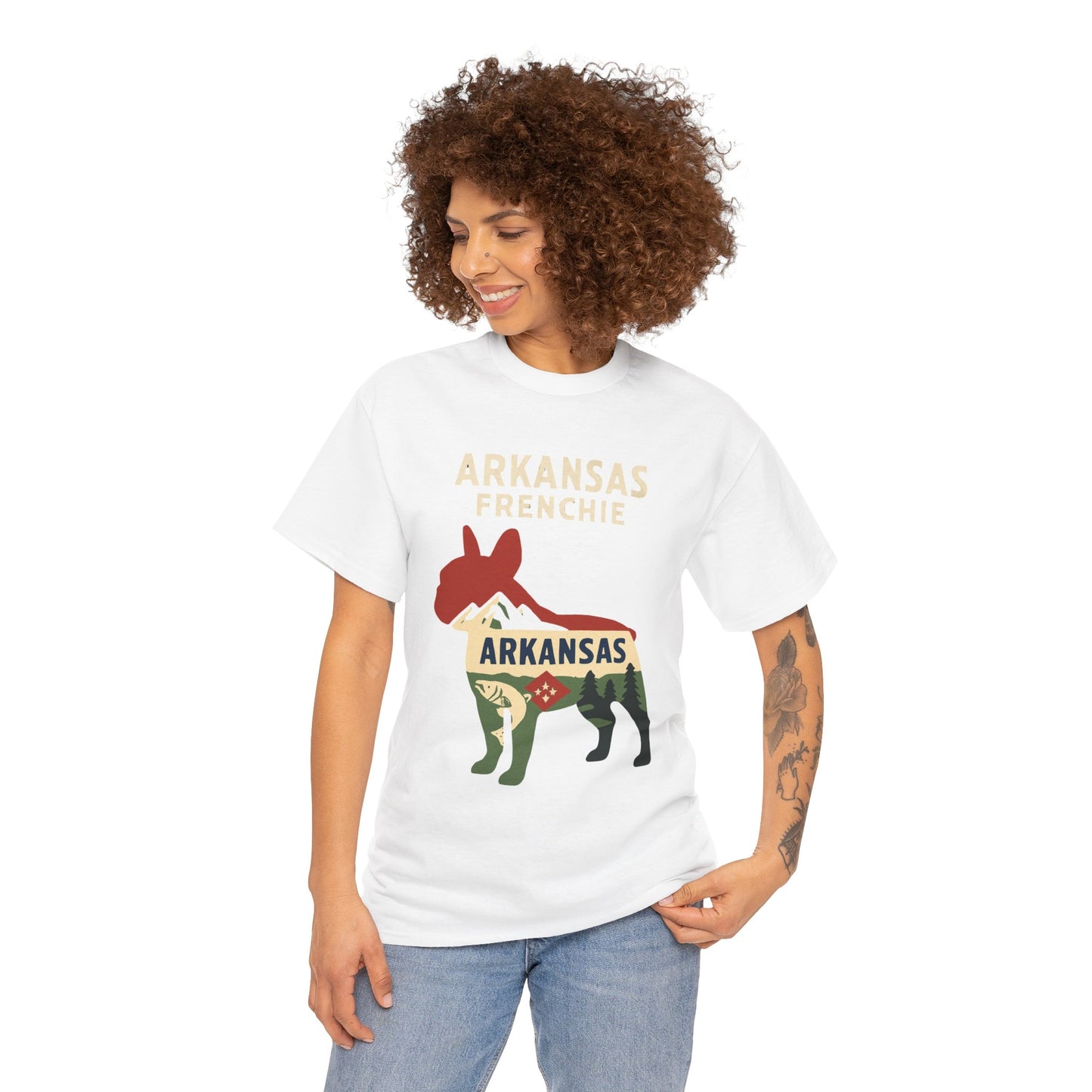 Arkansas Frenchie T-Shirt – French Bulldog State Pride Tee, Retro Arkansas Dog Lover Shirt, Nature Hiking Frenchie Gift