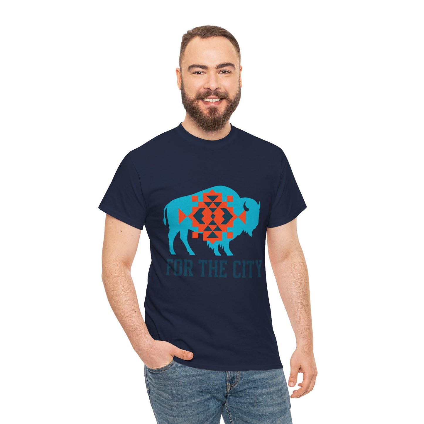 For The City Tribal Bison T-Shirt | Oklahoma Pride Tee | Blue & Orange Southwestern Bison Graphic | OKC Fan Inspired Shirt | Local Oklahoma Gift