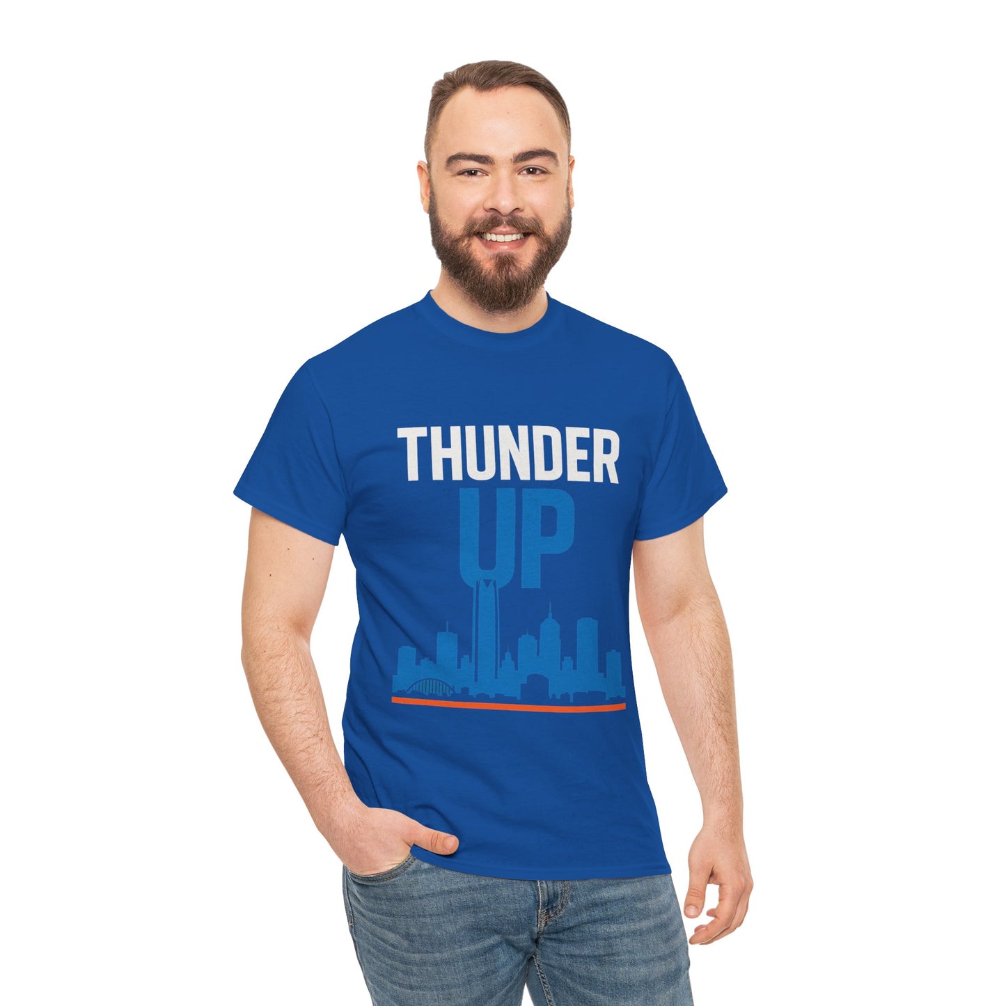 Thunder Up Oklahoma City Skyline Shirt – OKC Basketball Fan Tee, Blue & Orange City Skyline Graphic, Oklahoma Hoops Spirit Wear, Game Day T-Shirt
