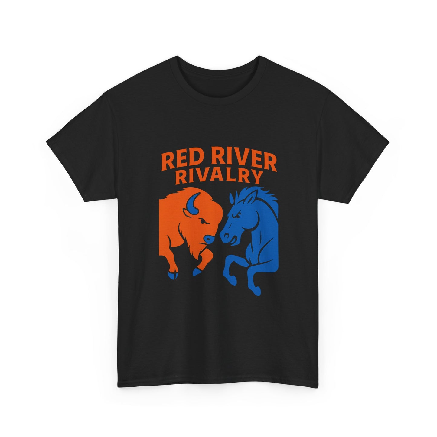 Red River Rivalry T-Shirt – Oklahoma vs Texas-Inspired Tee, Bison and Mustang Game Day Shirt, Blue and Orange Sports Rivalry Graphic
