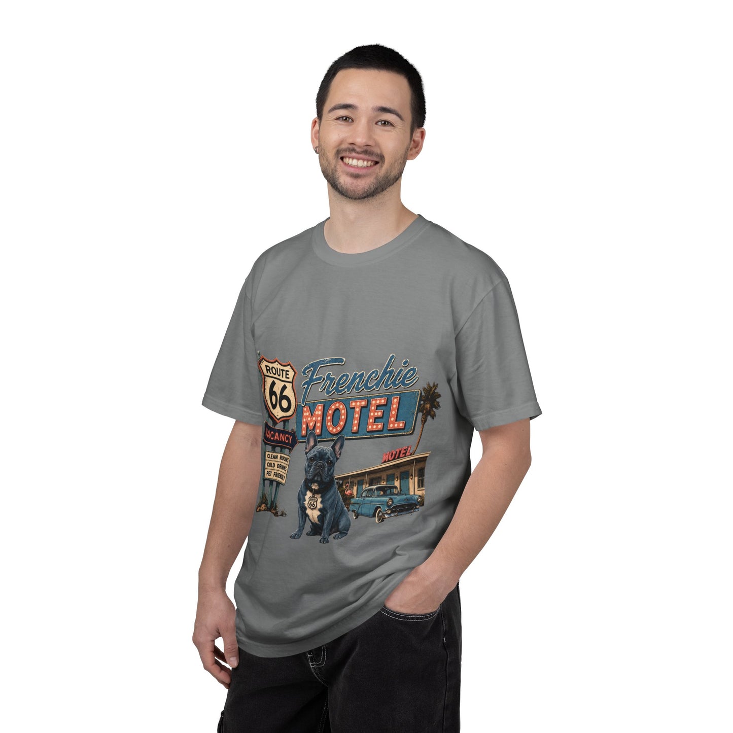 Route 66 Frenchie Motel Shirt, French Bulldog Retro Travel Tee, Vintage Road Trip Shirt, Dog Lover Graphic Tee, Route 66 Dog Shirt, Frenchie Motel T-Shirt, Retro Americana Gift