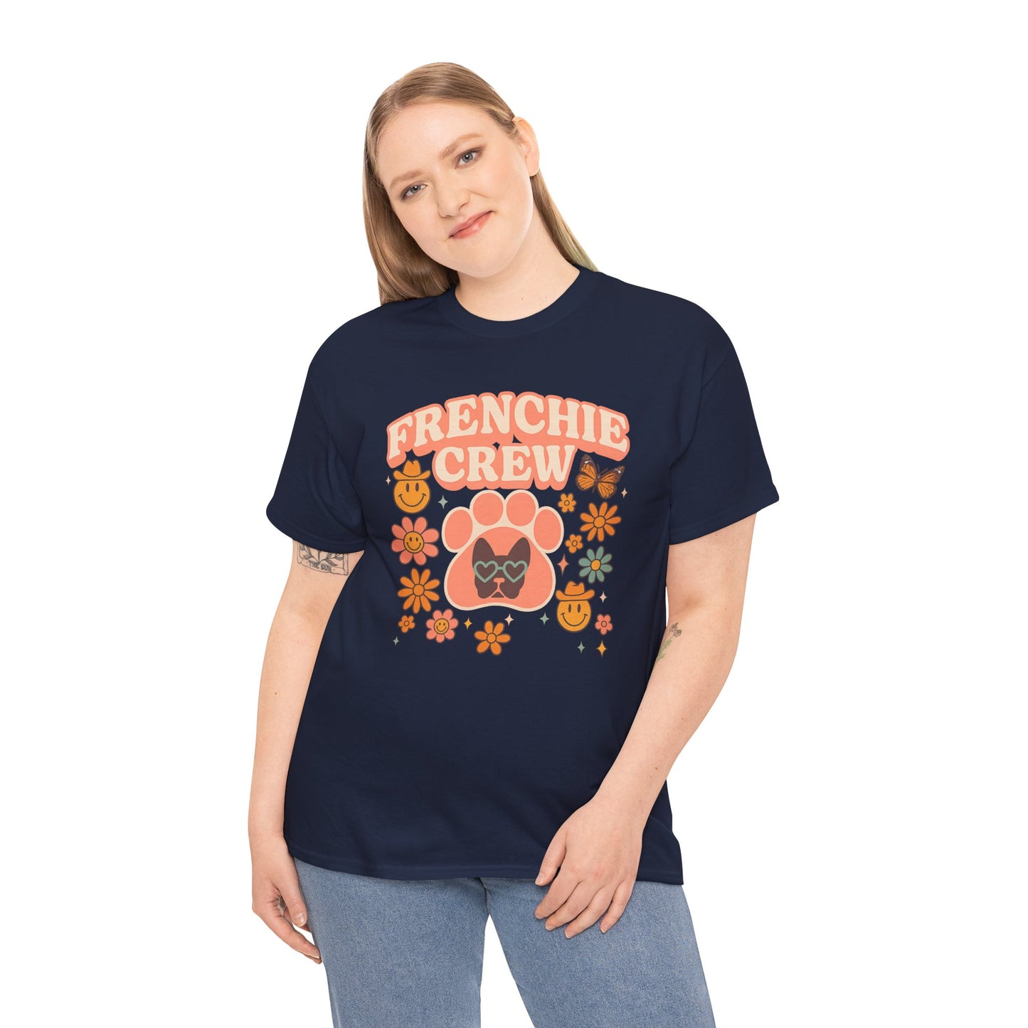 Frenchie Crew T-Shirt | Retro 70s Floral French Bulldog Tee | Groovy Dog Mom Shirt | Frenchie Lover Gift | Vintage Aesthetic Graphic Tee