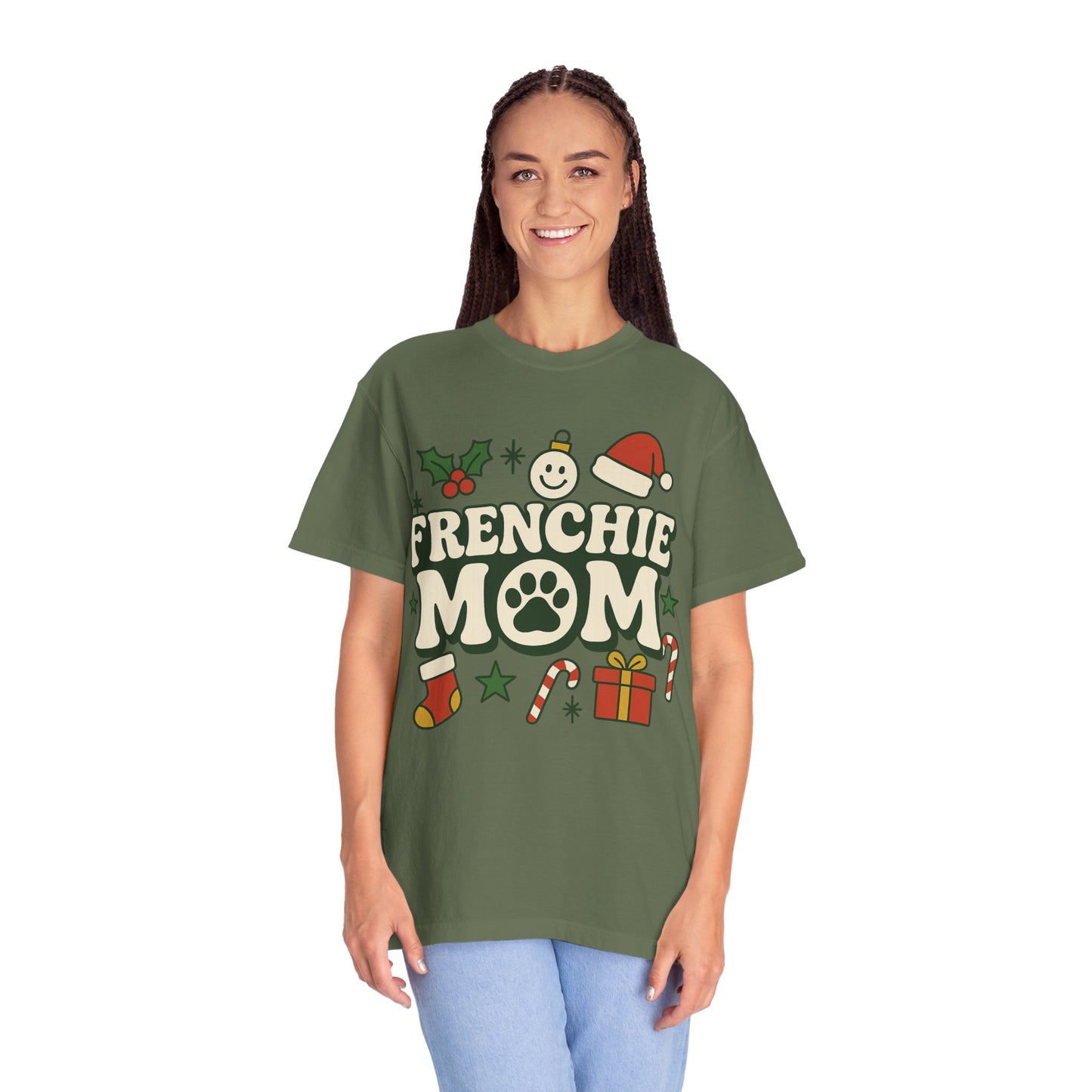 Merry Frenchie Mom T-Shirt | Christmas Dog Mom Tee | Festive French Bulldog Top | Cute Holiday Dog Lover Gift Shirt