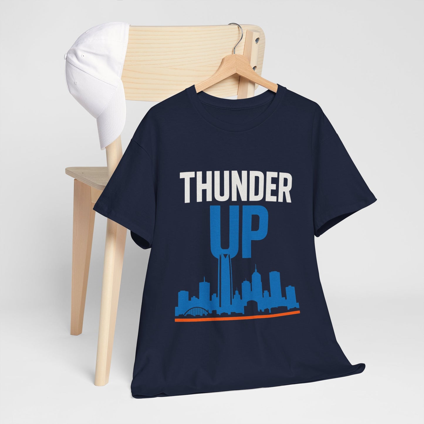 Thunder Up Oklahoma City Skyline Shirt – OKC Basketball Fan Tee, Blue & Orange City Skyline Graphic, Oklahoma Hoops Spirit Wear, Game Day T-Shirt