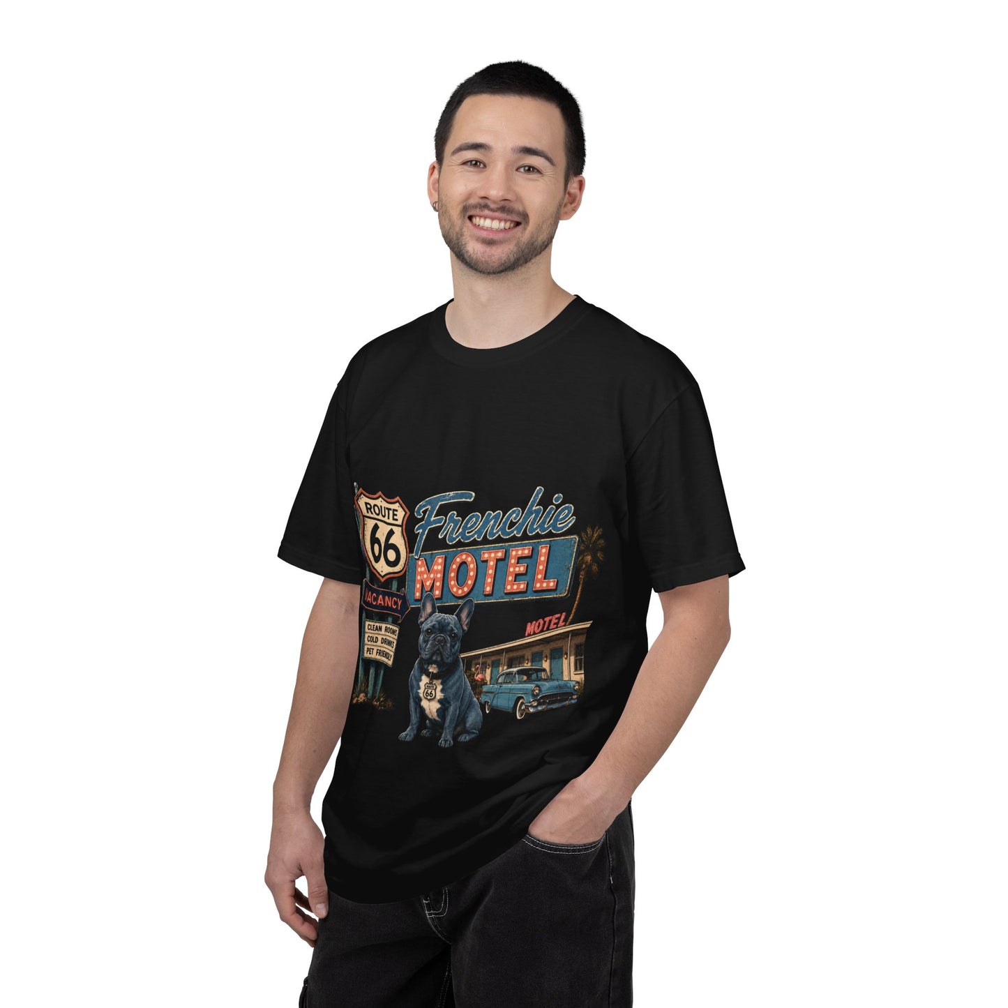 Route 66 Frenchie Motel Shirt, French Bulldog Retro Travel Tee, Vintage Road Trip Shirt, Dog Lover Graphic Tee, Route 66 Dog Shirt, Frenchie Motel T-Shirt, Retro Americana Gift