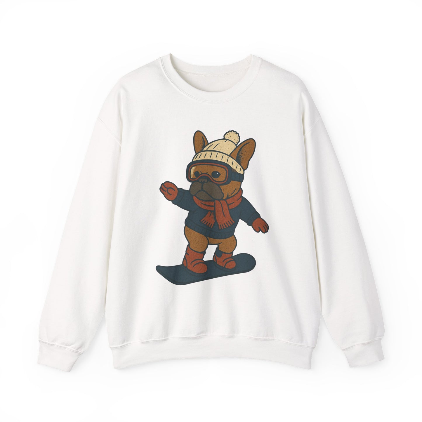 Snowboarding Frenchie Sweatshirt – Cute French Bulldog Winter Sweater, Snowboard Dog Pullover, Cozy Holiday Ski Dog Crewneck, Frenchie Lover Gift