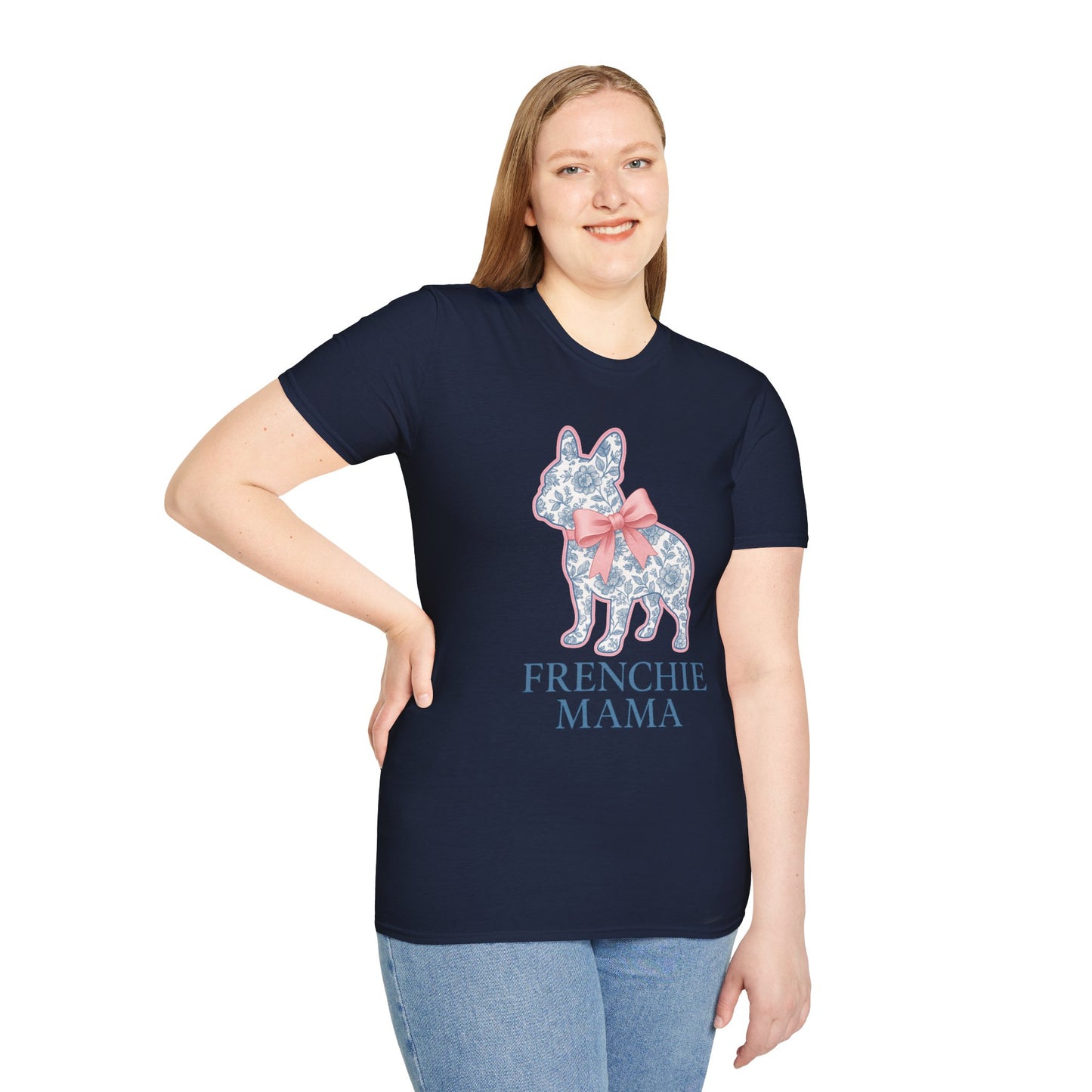 Frenchie Mama Shirt – Floral French Bulldog Silhouette Tee with Pink Bow, Dog Mom Gift, Cute Frenchie Lover T-Shirt, Pastel Dog Mom Apparel