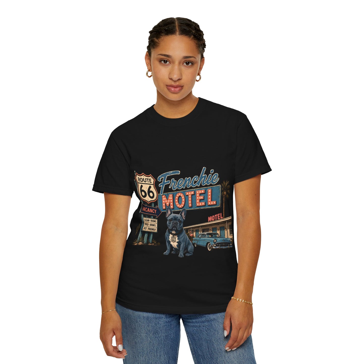Route 66 Frenchie Motel Shirt, French Bulldog Retro Travel Tee, Vintage Road Trip Shirt, Dog Lover Graphic Tee, Route 66 Dog Shirt, Frenchie Motel T-Shirt, Retro Americana Gift